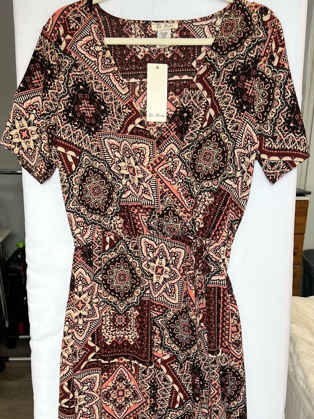 Boho Wrap Maxi Dress in Burgundy Pink Print